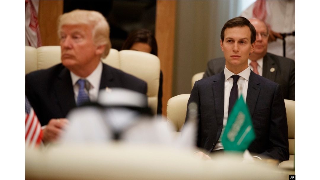 White House senior adviser Jared Kushner, right, looks on during a meeting between U.S. President Donald Trump, left, and leaders at the Gulf Cooperation Council Summit, at the King Abdulaziz Conference Center, in Riyadh, Saudi Arabia, May 21, 2017.