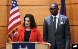 Michigan Gov.-elect Gretchen Whitmer and Lt. Gov.-elect Garlin Gilchrist II at a postelection news conference, Nov. 7, 2018, in Detroit.