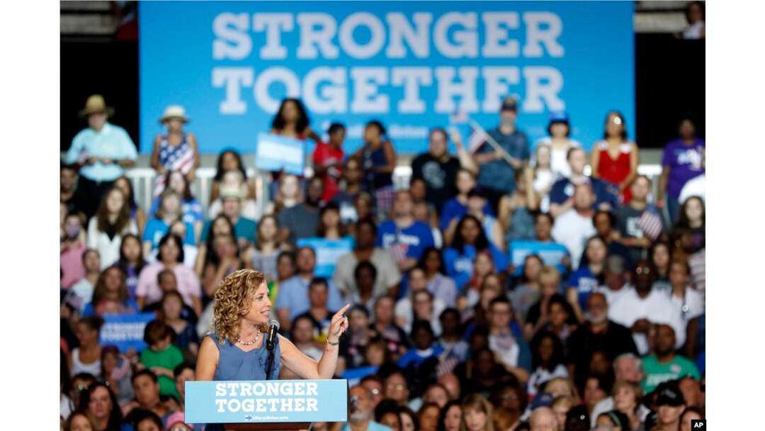 U.S. Rep. Debbie Wasserman Schultz, chairwoman of the Democratic National Committee, speaks during a campaign event for presidential candidate Hillary Clinton at the Florida State Fairgrounds Entertainment Hall in Tampa, July 22, 2016.