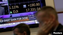Traders work on the floor as a screen displays the Dow Jones Industrial average just after the opening bell at the New York Stock Exchange (NYSE) in New York City, New York, U.S. June 28, 2016.