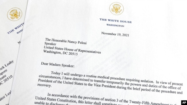 A portion of letters sent to House Speaker Nancy Pelosi and President Pro Tempore of the Senate Patrick Leahy from President Joe Biden are seen Nov. 19, 2021, in Washington. Biden briefly transferred power to Vice President Kamala Harris on Friday when he underwent a “routine colonoscopy" at Walter Reed National Military Medical Center, the White House said.