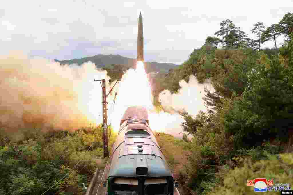 A missile is seen launched during a drill of the Railway Mobile Missile Regiment in North Korea, in this image supplied by North Korea&#39;s Korean Central News Agency.