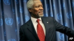 FILE - U.N. Secretary-General Kofi Annan leaves a press conference at United Nations headquarters in New York, Dec. 19, 2006. 