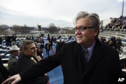 FILE - Steve Bannon, appointed chief strategist and senior counselor to President-elect Donald Trump, arrives on Capitol Hill in Washington, Jan. 20, 2017, for the presidential Inauguration of Trump.