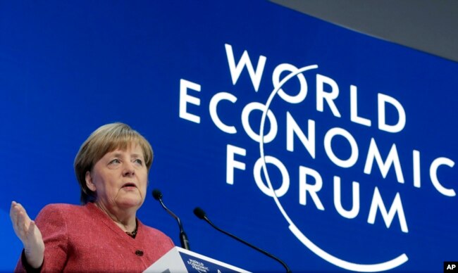 German Chancellor Angela Merkel addresses the annual meeting of the World Economic Forum in Davos, Switzerland, Jan. 23, 2019.