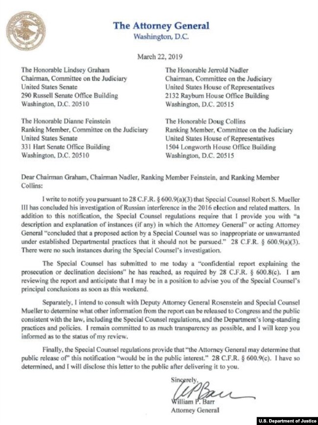 DOJ Notification to Congress Regarding the Conclusion of the Mueller Investigation