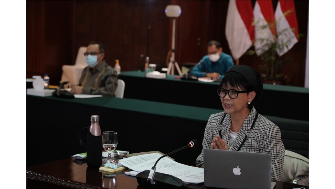Menteri Luar Negeri Retno Marsudi dalam jumpa pers secara virtual, Rabu (30/9). (Foto: Kementerian Luar Negeri)