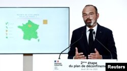 French Prime Minister Edouard Philippe speaks during a televised address Paris, France May 28, 2020.