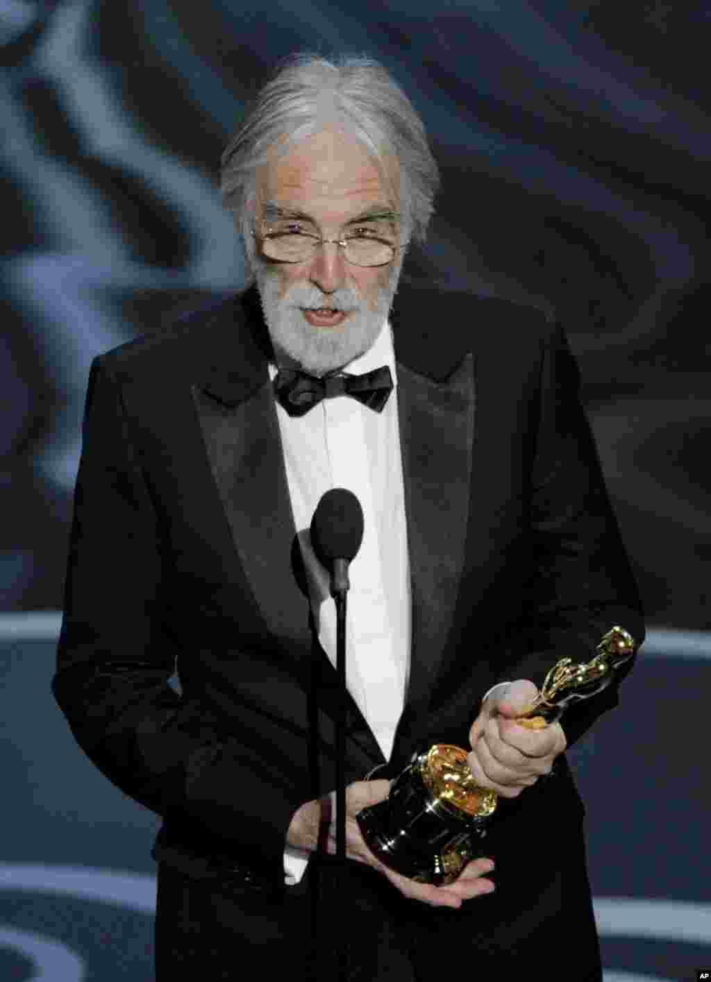 Michael Haneke accepts the award for best foreign language film for &quot;Amour,&quot; from Austria.