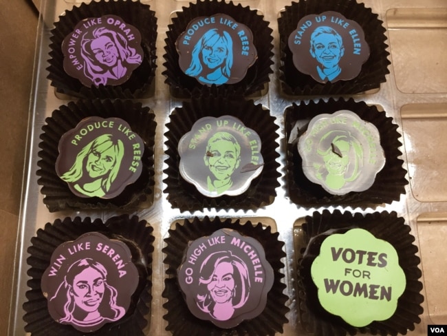 Sarah Dwyer's popular Phenomenal Women line of chocolates was inspired by women she admires. (VOA Photo/J.Taboh)