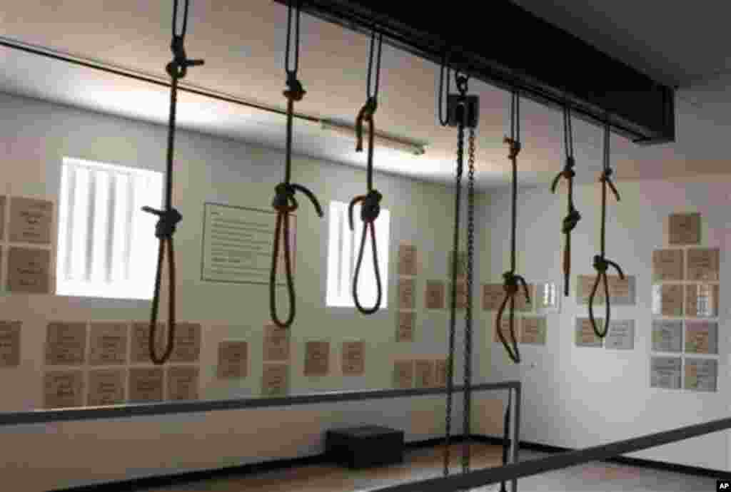 In this photo taken Thursday, Dec 8. 2011, nooses hang in the gallows at the Pretoria Central Prison. The government opened the gallows, in Pretoria, South Africa, Thursday, Dec. 15, as a monument to those who were executed before being stopped in 1989