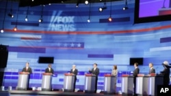 Presidential hopefuls during the Republican debate in Ames, Iowa Aug 11, 2011