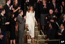 First lady Melania Trump arrives before the State of the Union address to a joint session of Congress on Capitol Hill in Washington, Jan. 30, 2018.