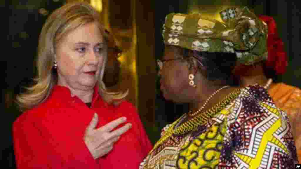 Secretary of State Hillary Rodham Clinton talks with Nigerian Finance Minister Ngozi Okonjo-Iweala, Aug. 9, 2012.