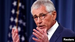 Bộ trưởng Quốc phòng Chuck Hagel phát biểu trước phóng viên tại Ngũ Giác Đài, thủ đô Washington, 22/1/2015.