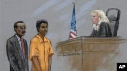 Boceto de la audiencia en la que el acusado Robel Phillipos comparece ante una corte federal en Boston.