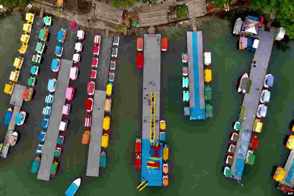 An aerial view shows leisure boats moored at Liyu Lake in Hualien, Taiwan.