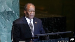 FILE - Prime Minister Sibusiso Barnabas Dlamini of Swaziland addresses the 66th session of the United Nations General Assembly at U.N. headquarters, Sept. 23, 2011.