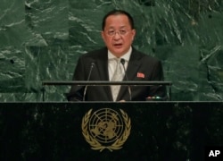 North Korea Minister for Foreign Affairs Ri Yong Ho speaks during the 72nd session of the United Nations General Assembly, at United Nations headquarters, Sept. 23, 2017.
