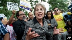 FILE - Representative Jan Schakowsky, a Democrat from Illinois, (C) joins immigration reform supporters as they block a street on Capitol Hill in Washington, August 2013.