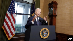 Presidenti Biden duke njoftuar nga Dhoma e Traktateve në Shtëpinë e Bardhë tërheqjen e forcave amerikane nga Afghanistani (14 prill 2021)