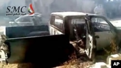 An image from video shows what Syrian anti-regime activists say is destruction and burnt vehicles in the village of Ibleen in northwestern Jabal Al-Zawiyah (region) after it was stormed by army troops. (AFP cannot independently verify the editorial conten