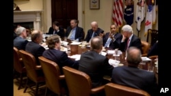 President Obama and Vice President Joe Biden meet with President Bill Clinton and business leaders in the White House, 14 July 2010