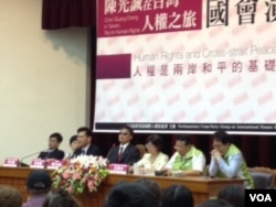 2013年6月25日，中国盲人法律维权人士陈光诚在台湾立法院讲话。（美国之音杨晨拍摄）