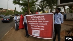 Members of the 'Bring Back Our Girls' group hold a rally in Abuja, Nigeria, April 11, 2017. (C.Oduah/VOA)