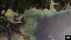 NASA's Aqua satellite captured this image of the Gulf of Mexico on 25 Apr 2010. With the Mississippi Delta on the left, the silvery swirling oil slick from the 20 Apr explosion and sinking of Deepwater Horizon drilling platform is highly visible