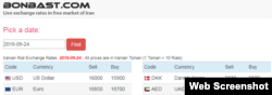 A screenshot of the Bonbast.com website, which tracks Iran’s unofficial exchange rates, showed the Iranian currency at a record low of 16,000 tomans, or 160,000 rials, to the dollar on Sept. 24, 2018.
