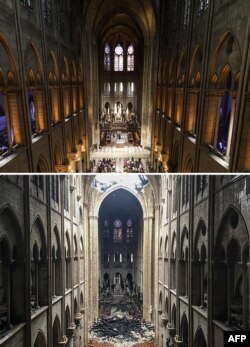A combination of two pictures made on April 16, 2019 shows (Up) worshippers as they arrive to take part in a mass at Notre Dame de Paris Cathedral in Paris on June 26, 2018 and (Bottom) the same view of the Notre-Dame Cathedral in Paris one day after a fire devastated the cathedral on April 16, 2019.