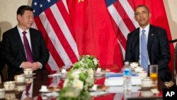 Presiden AS Barack Obama berpartisipasi dalam pertemuan bilateral dengan Presiden Xi Jinping kediaman Duta Besar AS untuk Belanda, di Den Haag, Maret 2014. (AP/Pablo Martinez Monsivais)