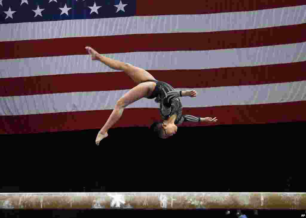 Morgan Hurd competes on the balance beam at the U.S. Gymnastics Championships, Aug. 19, 2018, in Boston, Massettchusetts.