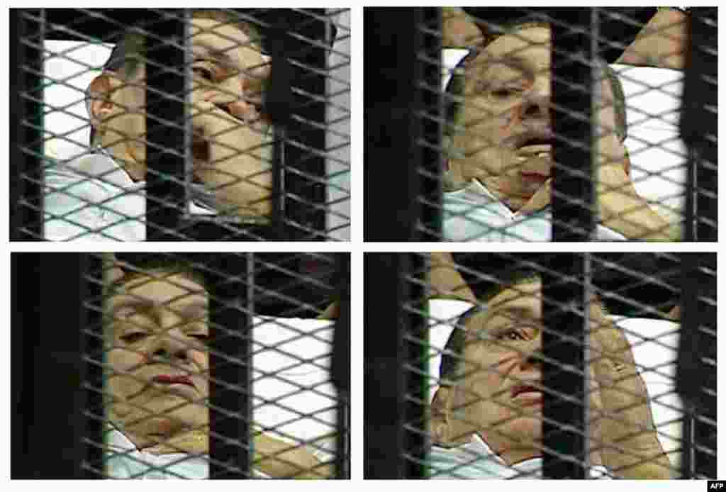 August 3: This combination image made from video taken from Egyptian State Television shows different scenes of 83-year-old Hosni Mubarak on a hospital bed inside a cage of mesh and iron bars in a Cairo courtroom as his trial began on charges of corruptio