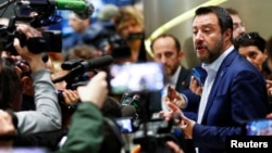 Matteo Salvini, Italy's Deputy Prime Minister and leader of the far-right League Party, speaks to the media after launching the start of his campaign for the European elections, in Milan, Italy, April 8, 2019.