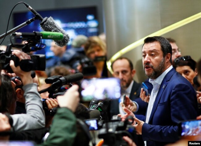 Matteo Salvini, Italy's Deputy Prime Minister and leader of the far-right League Party, speaks to the media after launching the start of his campaign for the European elections, in Milan, Italy, April 8, 2019.