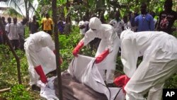 Health workers cover the body of a man suspected of dying from the Ebola virus near Monrovia, Liberia, October 31. 