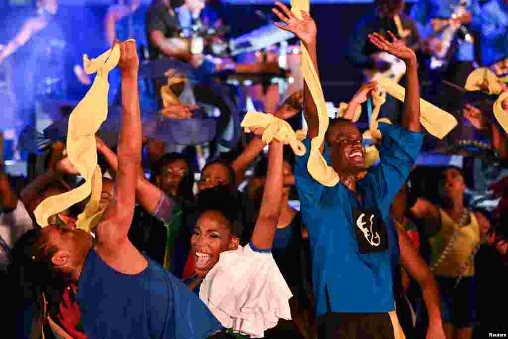 Dancers perform during the Presidential Inauguration Ceremony to mark the birth of a new republic in Barbados at Heroes Square in Bridgetown, Nov. 29, 2021.