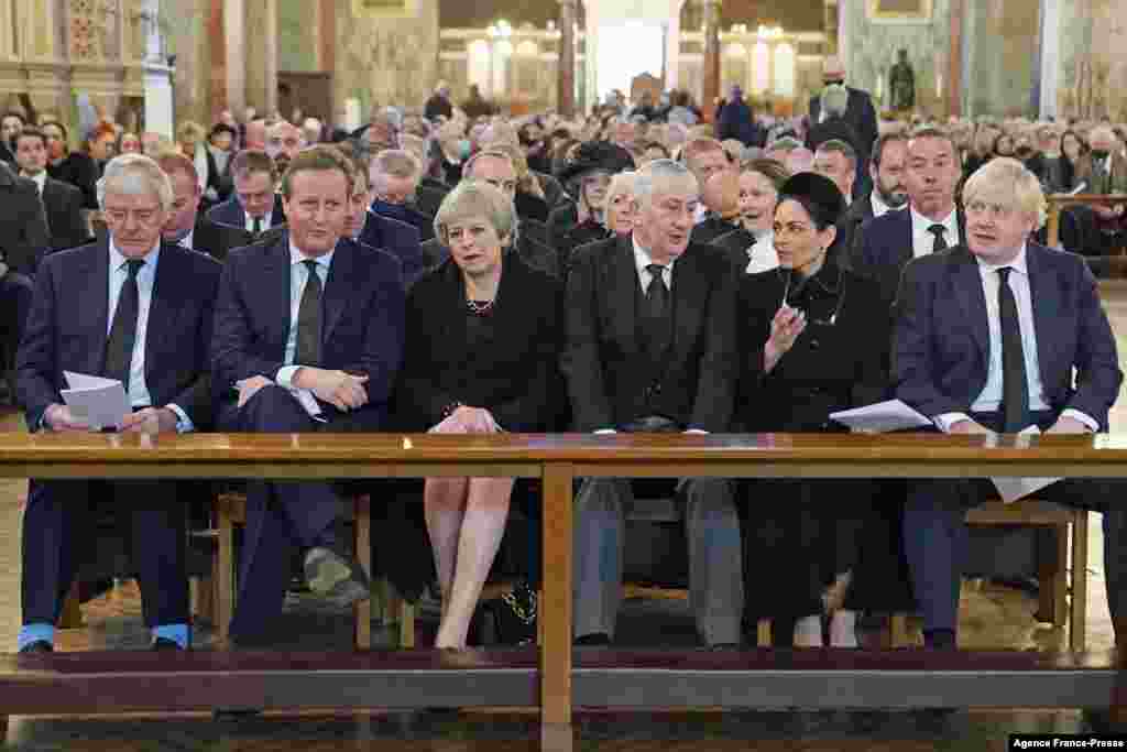 (L-R) Former British prime ministers Sir John Major, David Cameron and Theresa May, Speaker of the House of Commons Sir Lindsay Hoyle, Home Secretary Priti Patel and Prime Minister Boris Johnson attend a requiem Mass for Conservative MP David Amess at Westminster Cathedral in London.