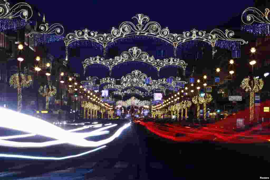 Holiday lights are seen at the Nevsky Prospect in Saint Petersburg, Russia.