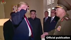 U.S. President Donald Trump salutes North Korean General No Kwang Chol in Singapore in this still image taken from footage aired by North Korean state television.