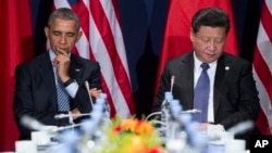  U.S. President Barack Obama, left, and Chinese President Xi Jinping look down during their meeting held on the sidelines of the COP21, United Nations Climate Change Conference, in Le Bourget, outside Paris, on Monday, Nov. 30, 2015. (AP Photo)