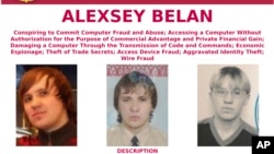 Poster "Dicari oleh FBI" ini menunjukkan foto Alexsey Alexseyevich Belan, aka “Magg,” 29, warga negara Rusia yang dicari karena diduga terlibat dalam peretasan Yahoo tahun 2014. Pemerintah AS, Rabu (15/3) mengumumkan dakwaan atas dua pejabat intelijen dan dua peretas termasuk Belan, dalam peretasan Yahoo tersebut.