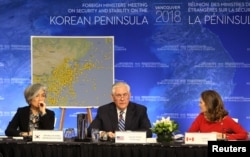 South Korean Minister of Foreign Affairs Kang Kyung-wha, U.S. Secretary of State Rex Tillerson and Canada’s Minister of Foreign Affairs Chrystia Freeland attend the Foreign Ministers’ Meeting on Security and Stability in Vancouver.