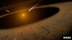 Artist's illustration of the Epsilon Eridani system showing Epsilon Eridani b. In the right foreground, a Jupiter-mass planet is shown orbiting its parent star at the outside edge of an asteroid belt.