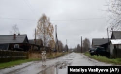 RUSSIA -- A dog walks on the street in the village of Loyga, northern Russia, October 10, 2018