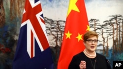 澳大利亚外交部长佩恩在澳中两国国旗前讲话。（2018年11月8日）
