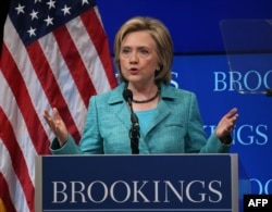 Former Secretary of State and Democratic presidential candidate Hillary Clinton speaks about the Iran nuclear agreement at the Brookings Institute in Washington, D.C., Sept. 9, 2015.