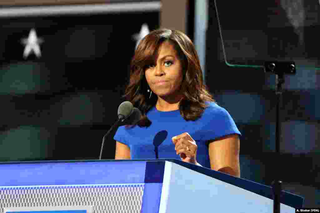 First Lady Michelle Obama spoke of the importance of those in the White House serving as role models to the nation&#39;s children at the Democratic National Convention in Philadelphia, July 25, 2016. (A. Shaker/VOA)